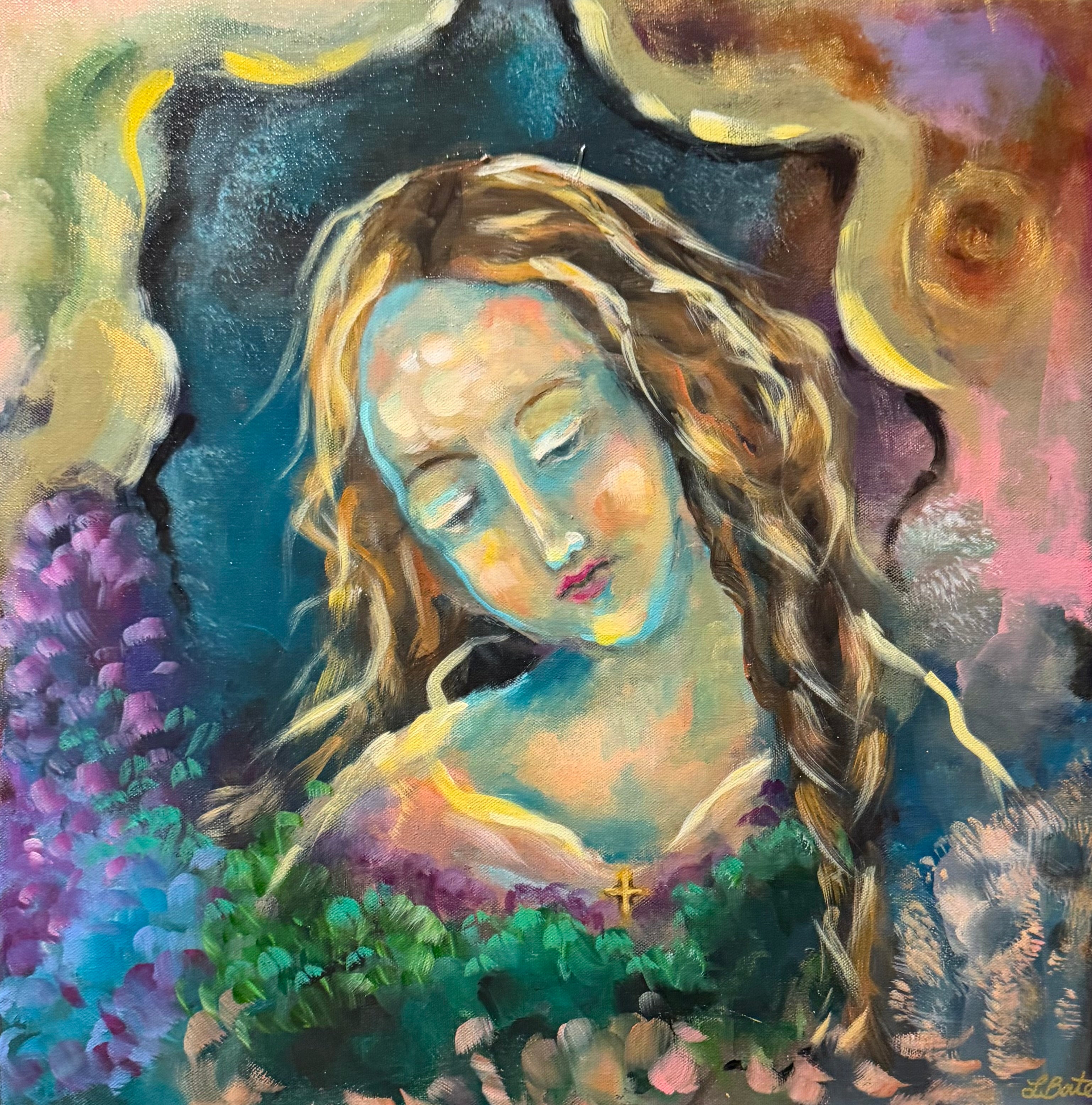 Fiona — original acrylic painting, 24x24 inches, gold framed, figurative portrait of a serene woman among lilacs and wildflowers