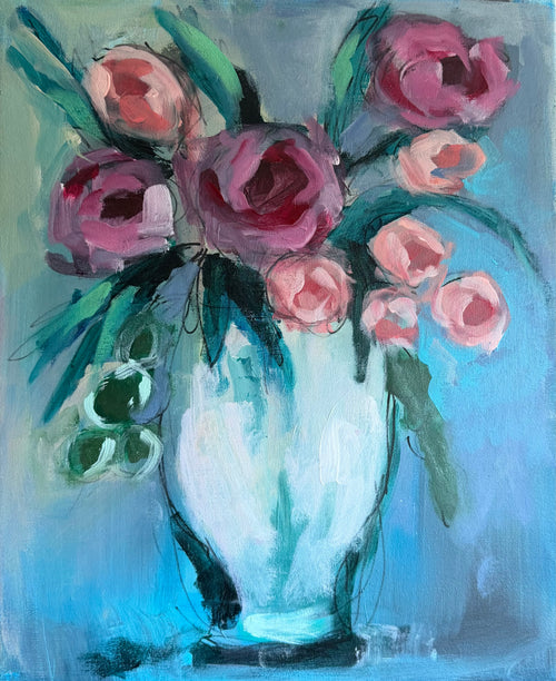 Blush pink roses in a white vase, acrylic painting on teal background