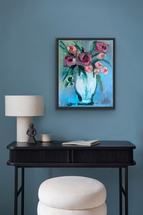 Blush & Teal original painting displayed in a room setting