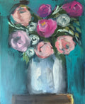 Lipstick Peonies original acrylic painting, 16x20, magenta and blush peonies in white vase on teal background