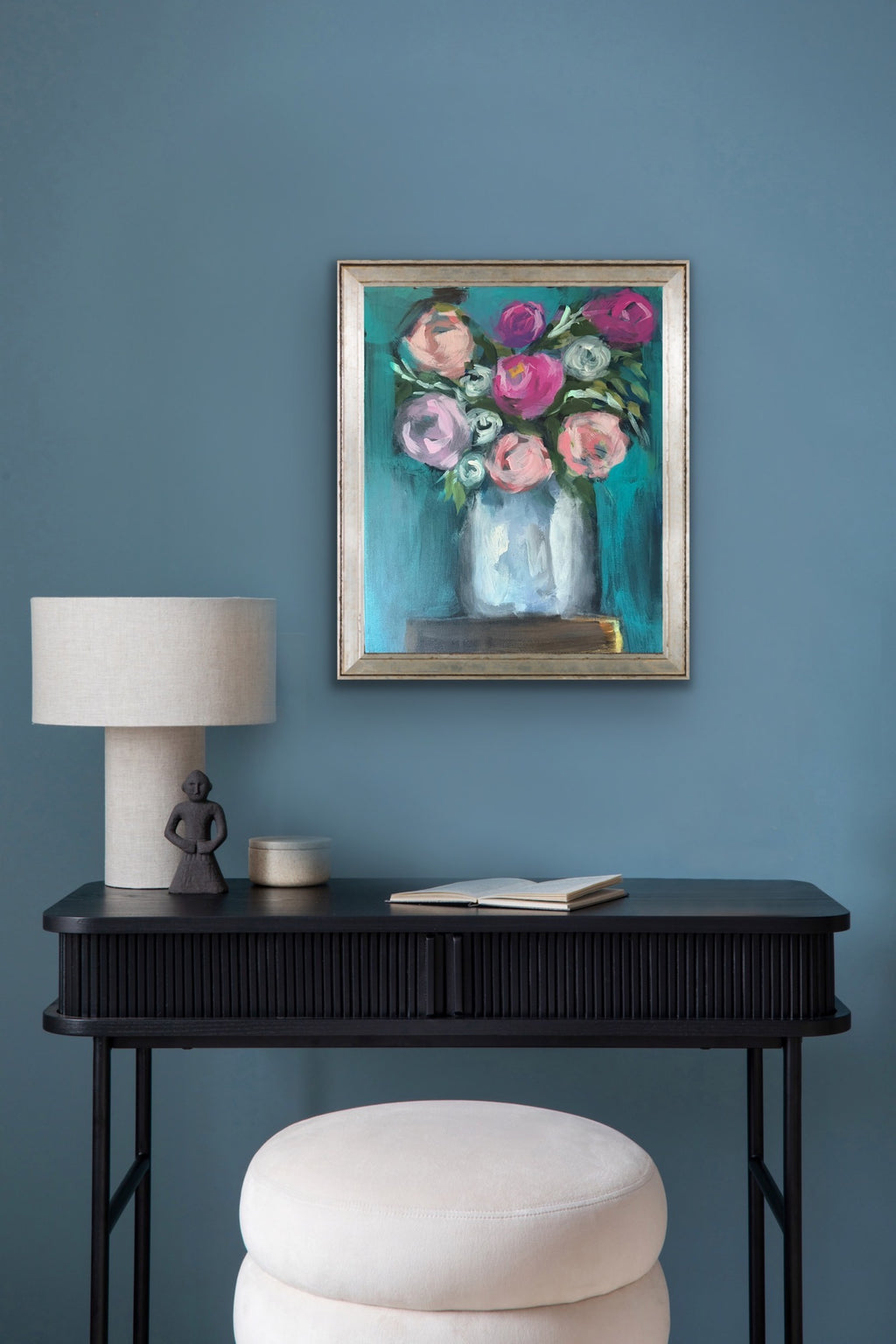 Lipstick Peonies original acrylic painting displayed in a modern interior above a console table