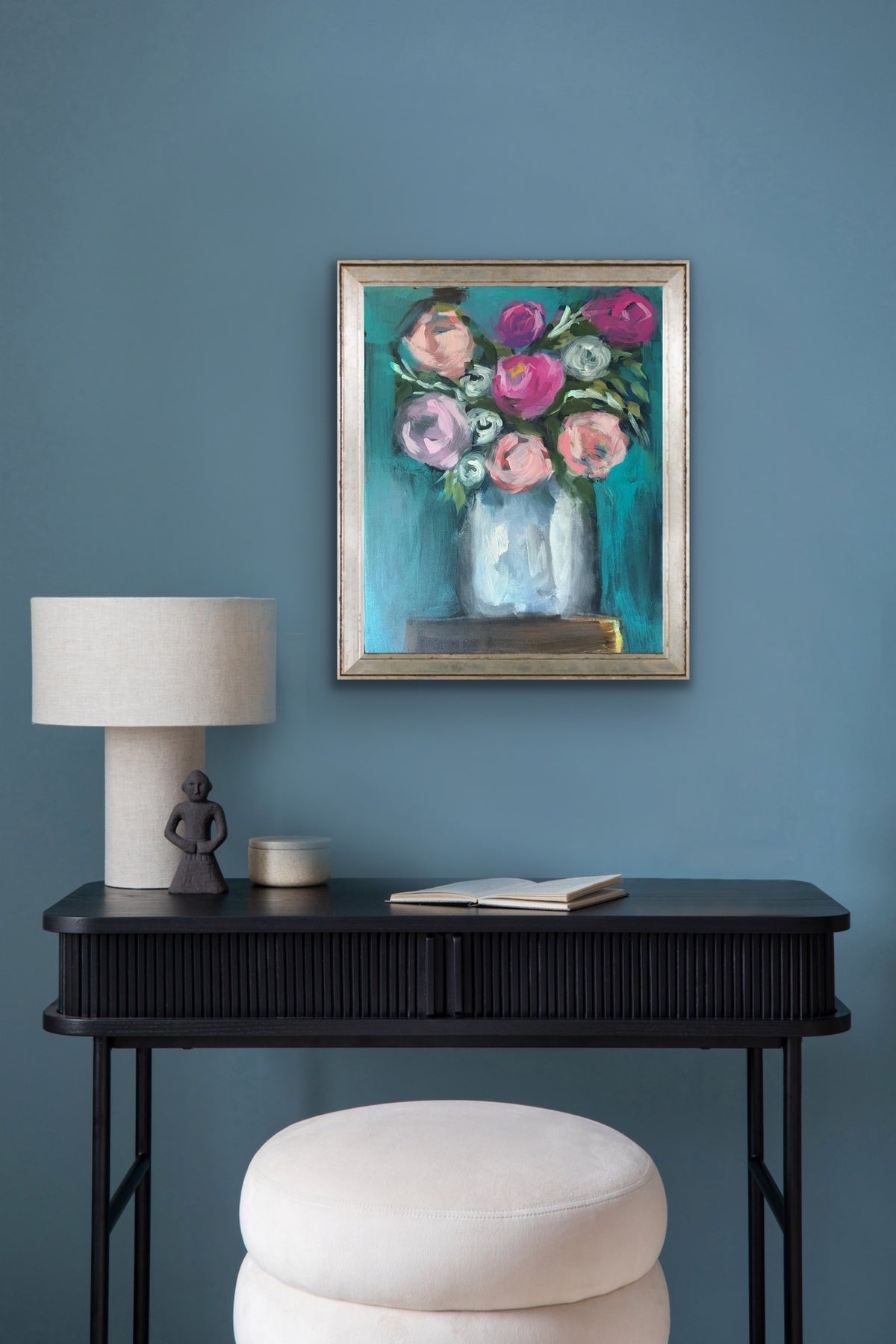 Lipstick Peonies original acrylic painting displayed in a modern interior above a console table