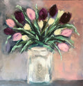 Frenchie Tulips original acrylic painting 24x24, burgundy blush and cream tulips in ornate white vase
