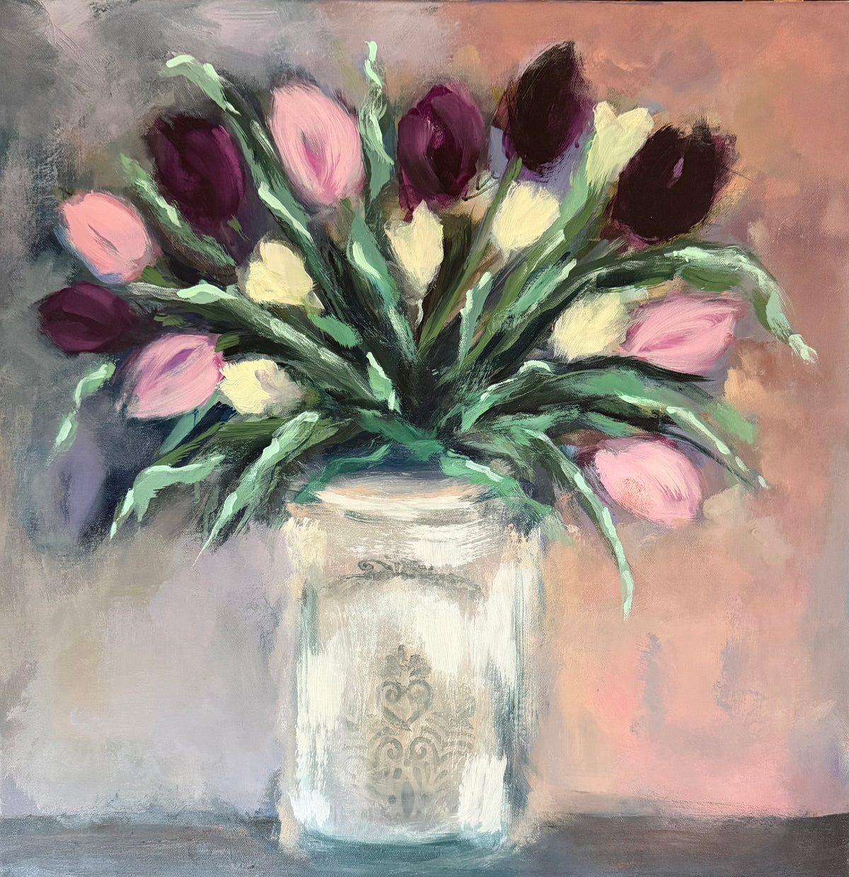 Frenchie Tulips original acrylic painting 24x24, burgundy blush and cream tulips in ornate white vase