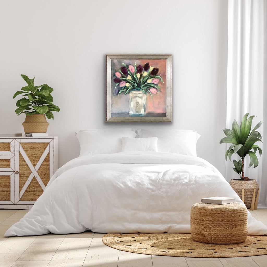 Frenchie Tulips original acrylic painting displayed above a bed in a bright white bedroom