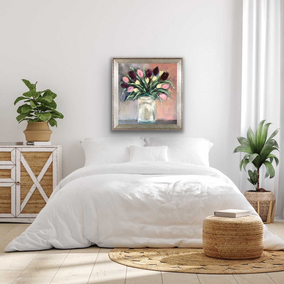 Frenchie Tulips original acrylic painting displayed above a bed in a bright white bedroom