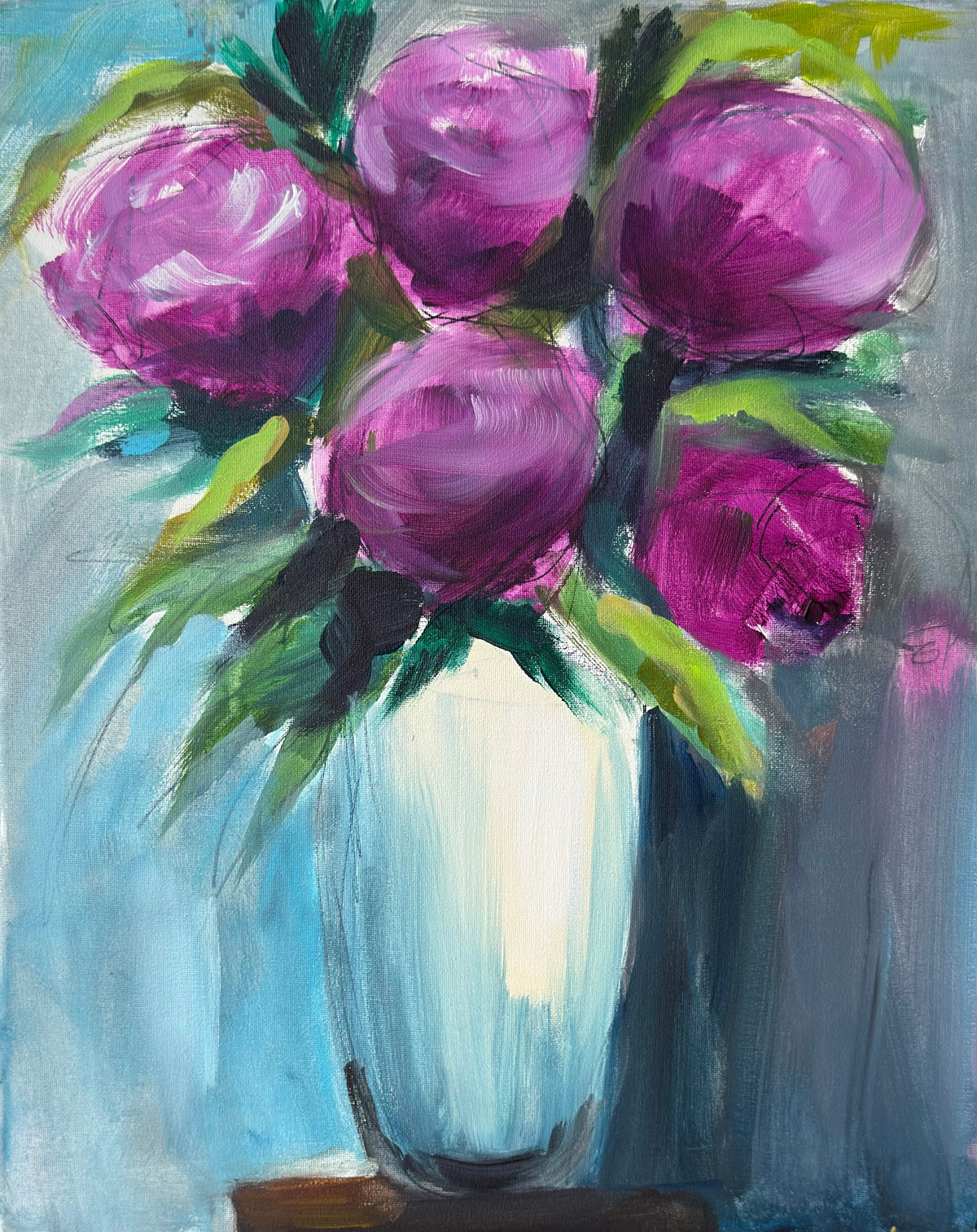 Violet Clutch original acrylic painting 16x20, bold purple peonies in white vase on blue-grey background