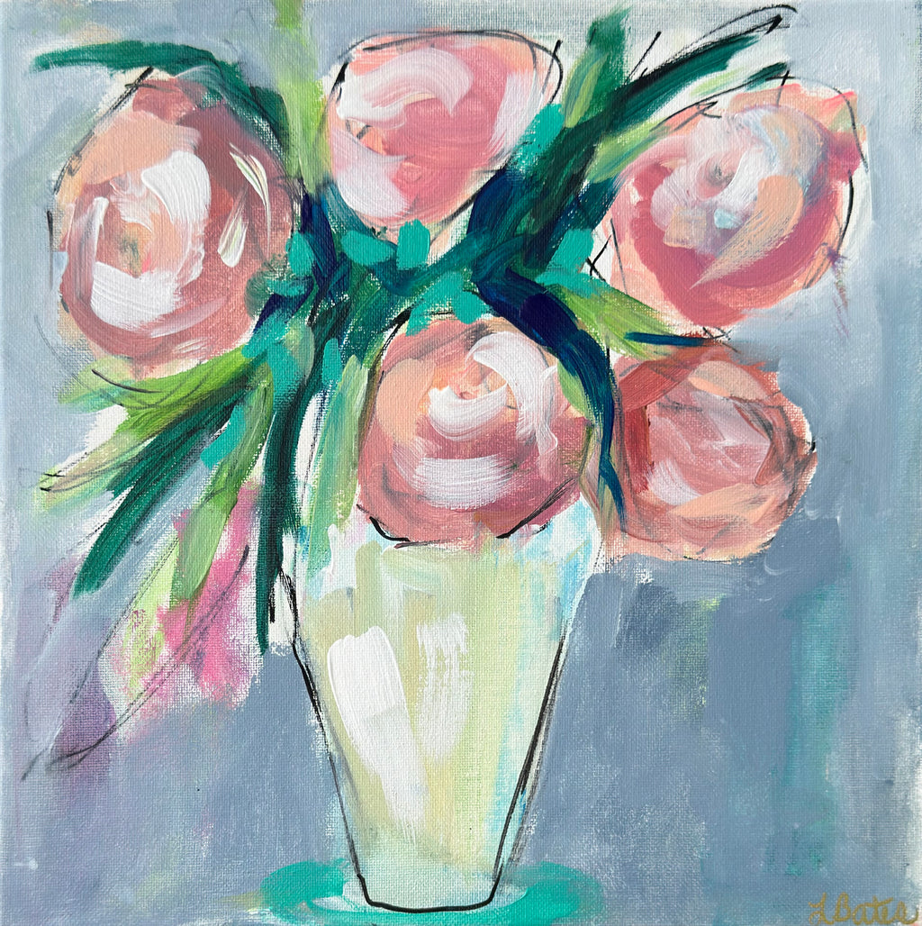 Blush Garden Party Dress — original acrylic floral painting, 12x12 inches, by Linda Bates