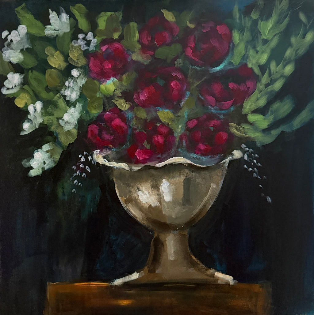 Roses Worthy of Gold original acrylic painting 24x24, crimson roses and white blooms in ornate gold urn against dark background