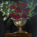 Roses Worthy of Gold original acrylic painting 24x24, crimson roses and white blooms in ornate gold urn against dark background