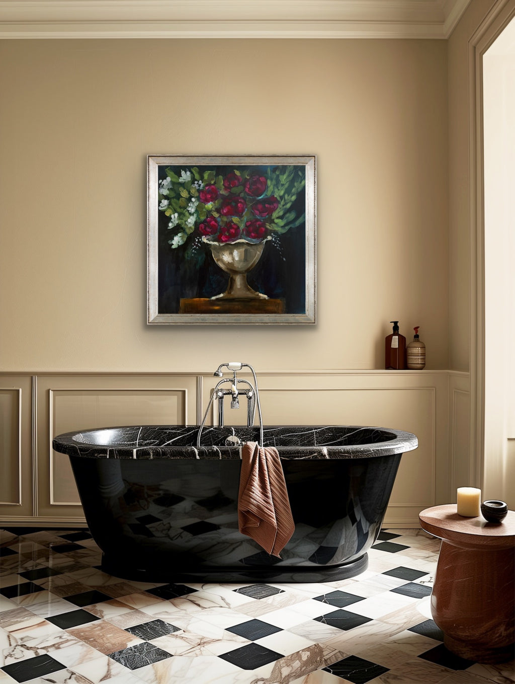 Roses Worthy of Gold original acrylic painting 24x24, crimson roses in silver urn against dark background