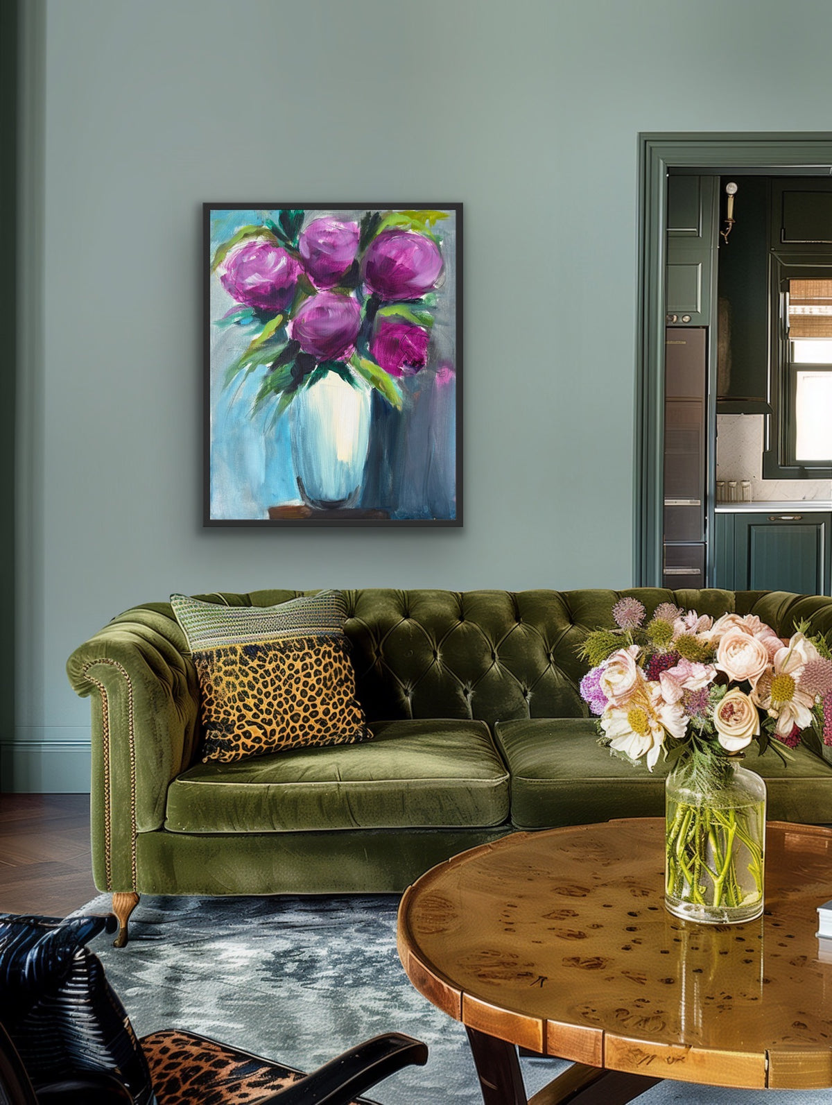Violet Clutch original acrylic painting displayed above a green velvet sofa in a sophisticated living room