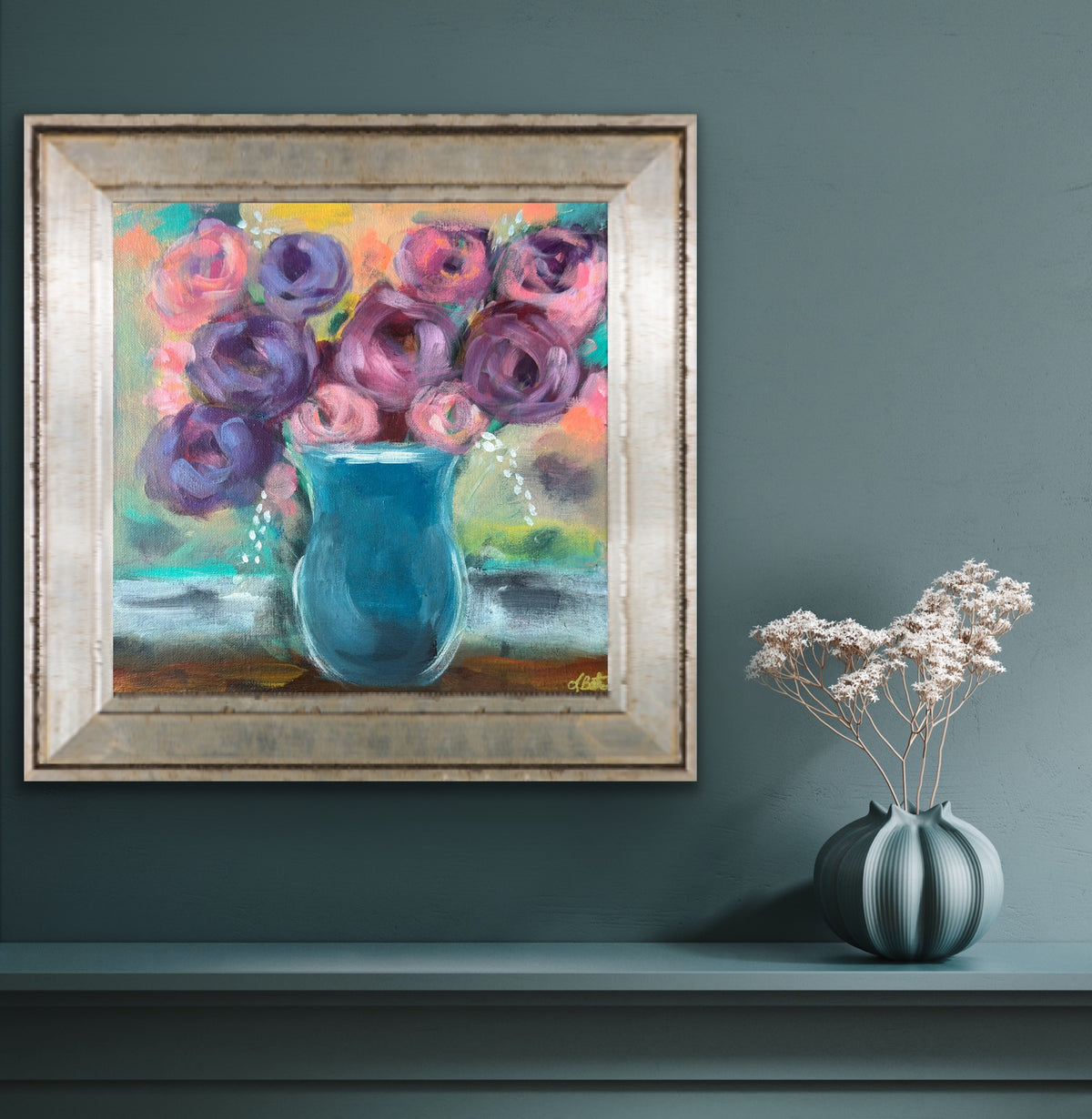 Confetti Surprise — framed room mockup, 12x12 original acrylic painting by Linda Bates