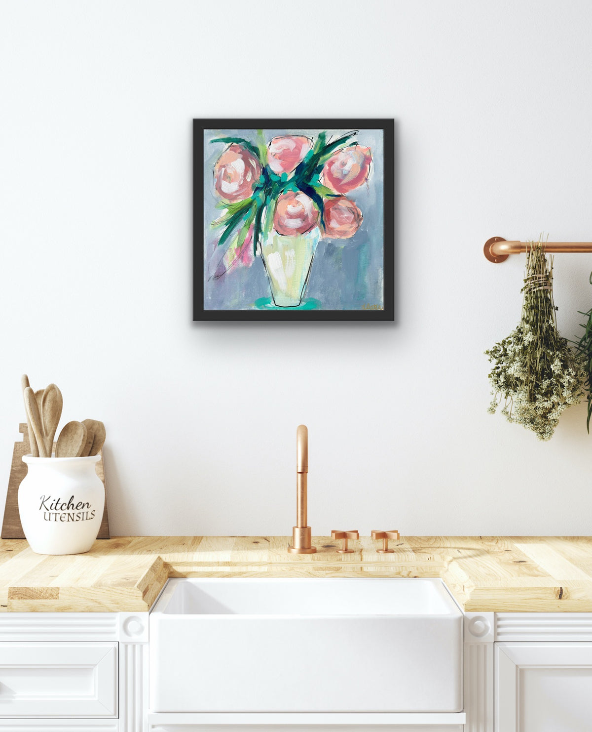 Blush Garden Party Dress — framed room mockup, 12x12 original acrylic painting by Linda Bates