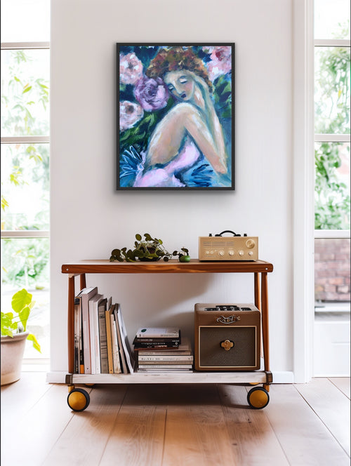 Charleston Dreams — 16 x 20 original acrylic painting, figurative floral with deep teal background and rose blooms