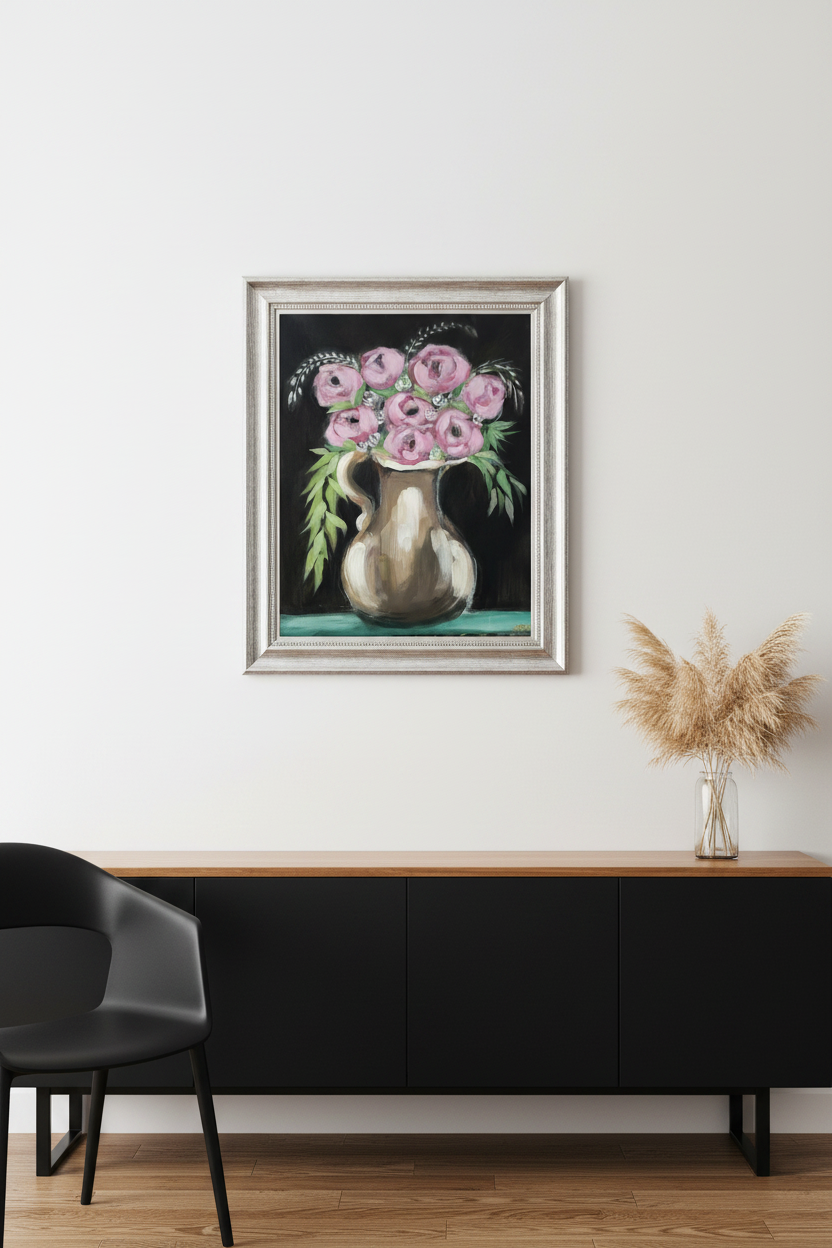 Midnight Peonies - Ornate Silver Frame Room Mockup